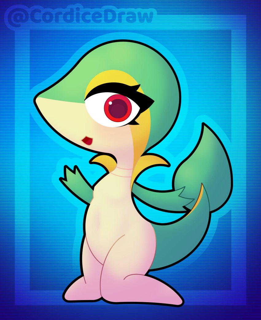 anthro blush cordicedraw cute_expression female generation_5_pokemon green_body hi_res kneeling navel nintendo pokemon pokemon_(species) red_eyes reptile scalie short_stack snake snivy solo tail thick_thighs