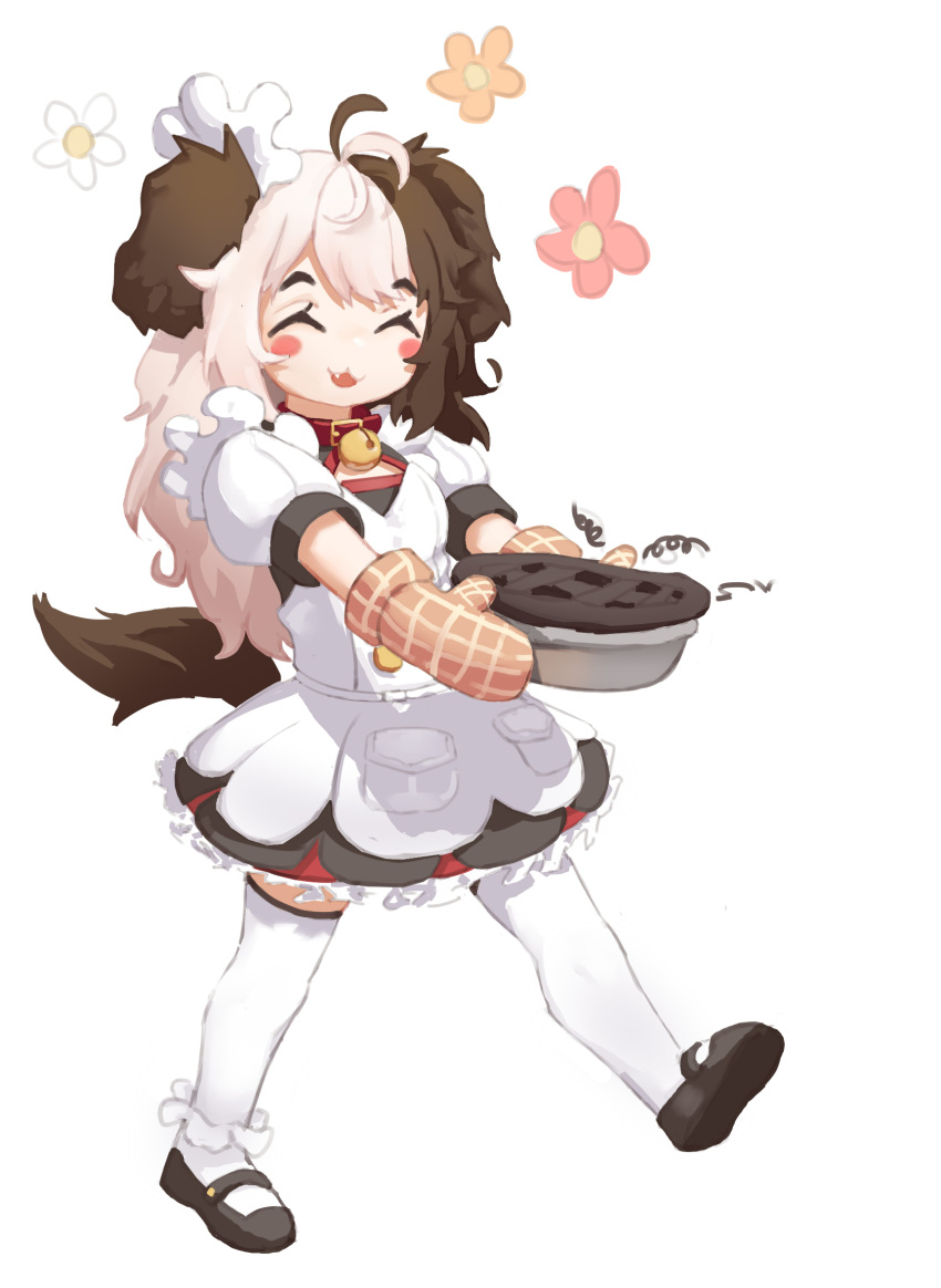 1girl aged_down animal_ears antenna_hair bell black_footwear blush breasts brown_gloves brown_hair closed_eyes collar commentary dog_ears dog_girl dog_tail dress facing_viewer fang flower food foot_up frilled_dress frills full_body gloves greentree grey_hair hachiko_of_castling highres holding jingle_bell last_origin long_hair maid mary_janes multicolored_hair neck_bell open_mouth orange_flower pie red_collar red_flower shoes simple_background small_breasts solo split-color_hair tail thighhighs two-tone_hair white_background white_dress white_flower white_thighhighs