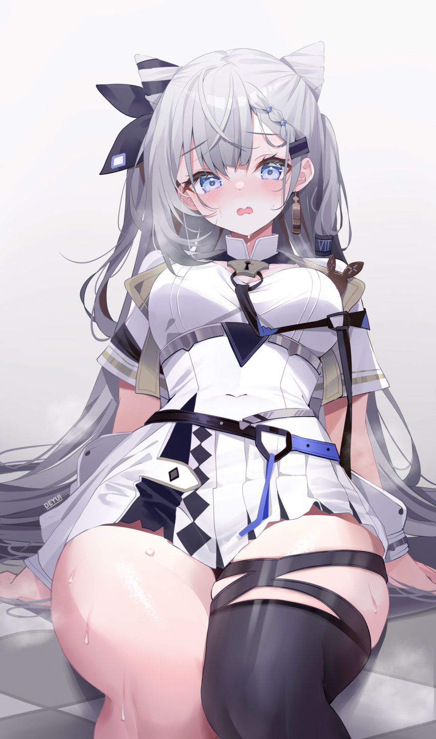 1girl black_thighhighs blue_eyes blush breasts covered_navel deyui dress english_commentary frown grey_hair highres hololive hololive_indonesia large_breasts lock long_hair looking_at_viewer open_mouth pleated_dress single_thighhigh sitting solo steam steaming_body sweat thick_thighs thighhighs thighs vestia_zeta virtual_youtuber white_dress