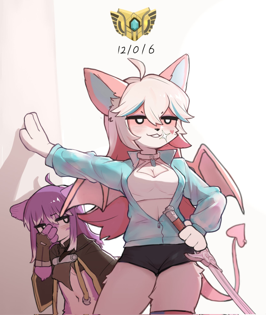 ahoge anthro bottomwear breasts cleavage cloak clothed clothing collar crayon_(artist) crop_top duo facepalm female fingerless_gloves fur furgonomics furry-specific_piercing gloves hair handwear hi_res holding_object holding_sword holding_weapon hotpants jacket kemono leaning_on_wall long_hair looking_at_another mammal melee_weapon membrane_(anatomy) membranous_wings multicolored_body multicolored_fur navel open_clothing open_jacket open_topwear piercing pink_body pink_fur purple_body purple_fur purple_hair shadow shirt shorts simple_background smile smug smug_face spade_tail standing sword tail tail_piercing topwear two_tone_body two_tone_fur weapon white_background white_body white_fur white_hair wings