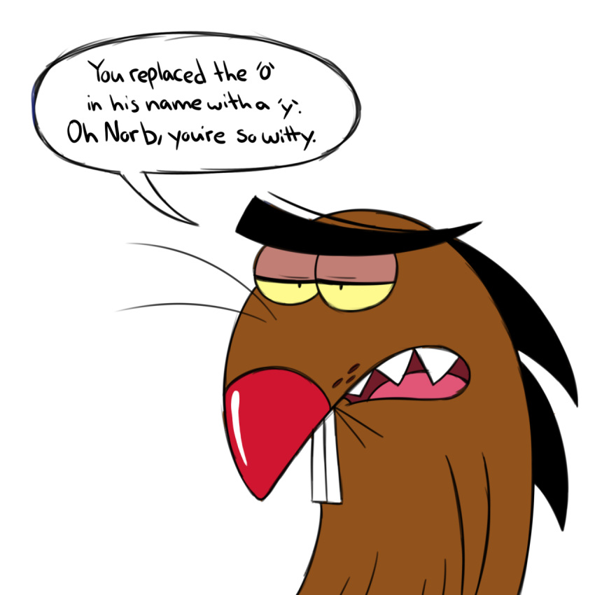 2023 8-bit-britt annoyed anthro beaver black_eyes brown_body brown_fur buckteeth daggett_beaver digital_media_(artwork) english_text fur half-closed_eyes hi_res male mammal narrowed_eyes nickelodeon red_nose rodent sharp_teeth simple_background solo speech_bubble standing teeth text the_angry_beavers three-quarter_view tongue white_background yellow_sclera