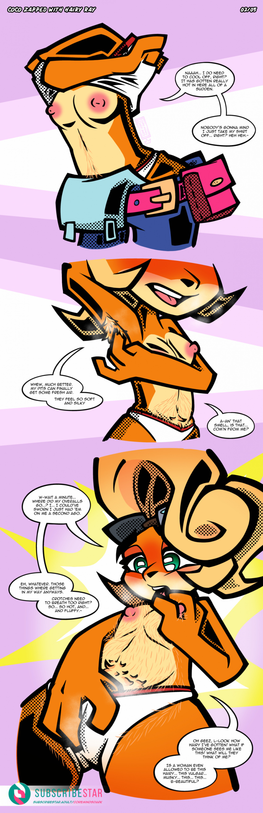 absurd_res activision anthro blush breasts clothing coco_bandicoot coremindsdark crash_bandicoot_(series) female fur genitals hairy hi_res masturbation nipples panties pubes pussy solo text underwear undressing