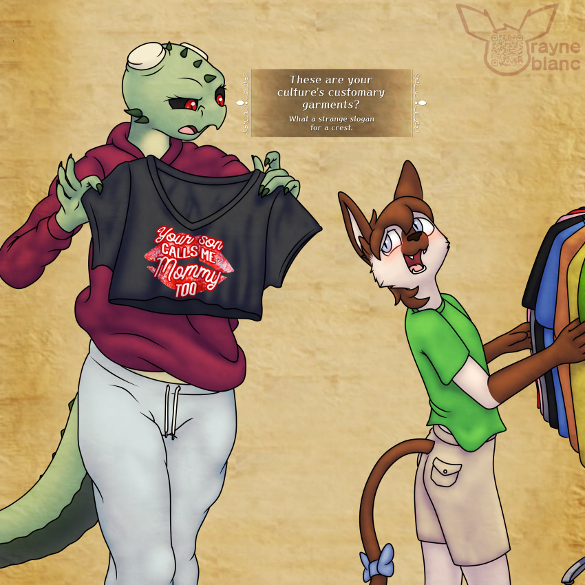 absurd_res albinoraynedeer anthro argonian bethesda_softworks bottomwear clothing crop_top domestic_cat felid feline felis female hi_res hoodie male mammal meer-mah meph_the_cat scalie shirt shopping shorts siamese sweatpants t-shirt the_elder_scrolls topwear