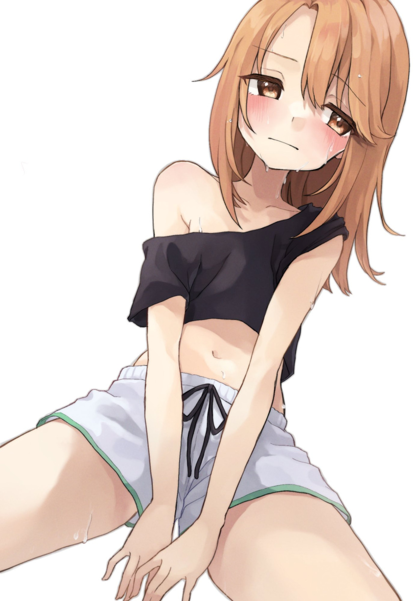 1girl averting_eyes black_shirt blush collarbone cropped_shirt highres idolmaster idolmaster_cinderella_girls long_hair navel orange_hair saba_suzuki shirt shorts sideways_glance simple_background single_bare_shoulder solo sweat white_background white_shorts yuuki_haru