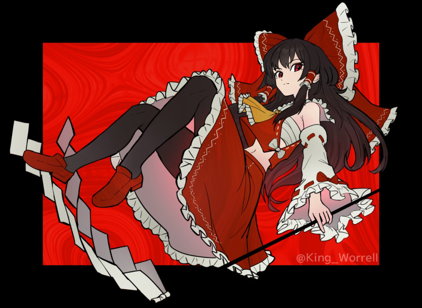 1girl ascot bare_shoulders black_border black_hair black_pantyhose border bow breasts closed_mouth collared_vest detached_sleeves english_commentary frilled_bow frilled_hair_tubes frilled_skirt frilled_vest_collar frills full_body gohei hair_bow hair_tubes hakurei_reimu holding holding_gohei japanese_clothes king_worrell long_hair long_sleeves looking_at_viewer midriff miko navel nontraditional_miko outside_border pantyhose pose_request red_background red_bow red_eyes red_footwear red_skirt red_vest ribbon-trimmed_sleeves ribbon_trim sarashi shoes sidelocks skirt skirt_set small_breasts solo touhou twitter_username vest white_sleeves wide_sleeves yellow_ascot