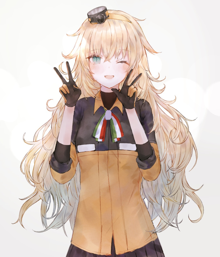 1girl ;d blonde_hair blush cardigan double_v girls'_frontline gloves green_eyes hair_between_eyes hair_ornament hairband highres italian_flag italian_flag_print long_hair looking_at_viewer majima_(j_dz1q) messy_hair one_eye_closed open_mouth orange_cardigan orange_hairband pleated_skirt print_ribbon ribbon s.a.t.8_(girls'_frontline) skirt sleeves_rolled_up smile solo v very_long_hair