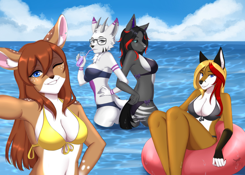 2023 absurd_res alcohol anthro artist_name auburn_hair beverage bikini black_bikini black_clothing black_hair black_nails black_nose black_swimwear black_tail blonde_hair blue_eyes blue_inner_ear bovid bow_bikini breasts brown_body brown_fur canid canine caprine clothed_anthro clothed_female clothing clothing_bow cloud cocktail colored_nails countershade_head countershade_torso countershading day deer demon drinking drinking_straw ear_piercing entwined_arms eyebrows eyewear female female_anthro fingerless_(marking) founntain_(character) fox freckles fur glasses glistening glistening_hair glistening_object gloves_(marking) goat grey_bikini grey_body grey_clothing grey_eyes grey_fur grey_horn grey_swimwear group hair hand_on_hip hi_res horn inflatable inner_ear_fluff inner_tube lazarel light lighting long_hair looking_at_viewer mammal markings nails navel naya_(andoefa) one_eye_closed open_mouth open_smile outside partially_submerged partially_submerged_legs piercing pink_inner_ear purple_body purple_bow purple_fur reclining red_hair reverse_countershading sea shaded sitting sky smile smiling_at_viewer snout soft_shading spots spotted_body spotted_fur standing straw striped_body striped_fur stripes swimwear tail tan_body tan_fur teal_eyes the_furry_tail_of_your_soul tuft water wet white_body white_fur white_inner_ear white_inner_ear_fluff white_nose yellow_bikini yellow_clothing yellow_swimwear