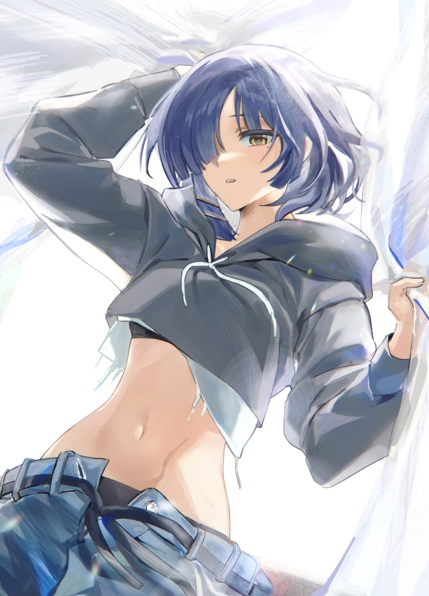 1girl black_hoodie black_panties blue_hair bocchi_the_rock! curtains denim hair_over_one_eye highres hood hoodie jeans lens_flare navel open_mouth panties pants short_hair solo stomach underwear white_background yamada_ryou yellow_eyes zuzu_(wckd7545)