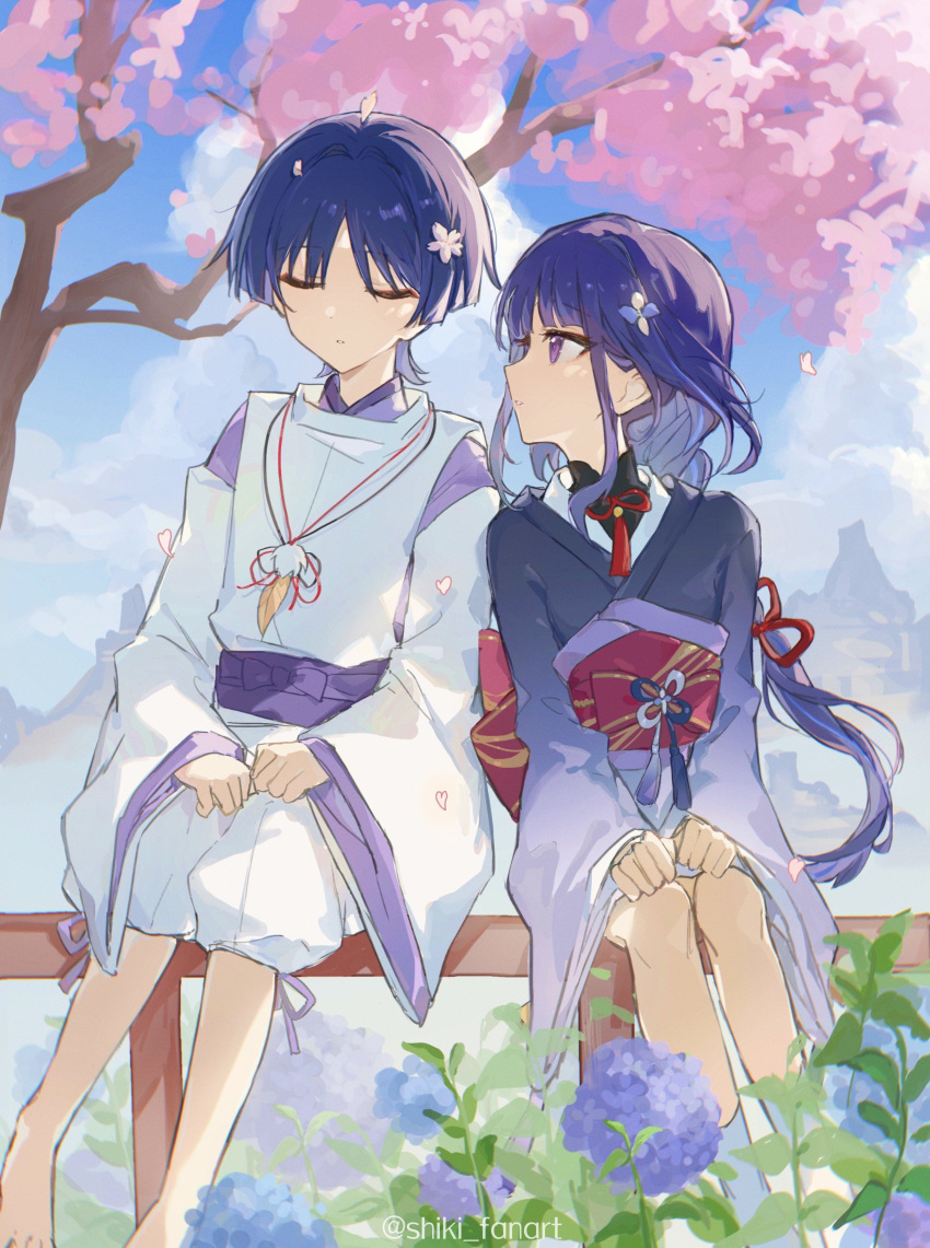 1boy 1girl absurdres aged_down artist_name back_bow baggy_pants barefoot belt black_bow blue_flower blue_hair blue_sky blunt_ends bow bowtie braid branch cherry_blossoms closed_eyes closed_mouth cloud cloudy_sky dark_blue_hair day detached_sleeves flower genshin_impact gradient_clothes gradient_kimono hair_between_eyes hair_bow hair_flower hair_ornament highres japanese_clothes kimono leaf long_hair long_sleeves looking_at_another mountain nature no_headwear official_alternate_costume outdoors pants petals pink_flower pom_pom_(clothes) purple_belt purple_bow purple_eyes purple_flower purple_hair purple_kimono purple_ribbon purple_shirt raiden_shogun red_belt red_bow red_bowtie ribbon scaramouche_(genshin_impact) scaramouche_(kabukimono)_(genshin_impact) scenery shiki_fanart shirt short_hair sidelocks sitting sky socks tassel teeth tree vest white_flower white_pants white_socks white_vest wide_sleeves