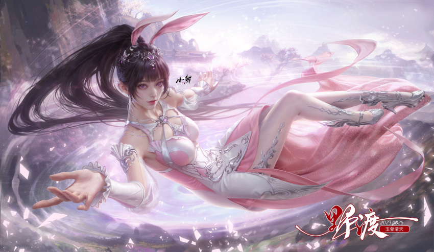 1girl absurdres animal_ears baiyelingbyl bare_shoulders breasts building douluo_dalu dress floating floating_hair from_side full_body high_heels highres medium_breasts mountain pink_dress purple_eyes rabbit_ears realistic second-party_source sky solo thighhighs tree white_thighhighs wind xiao_wu_(douluo_dalu)