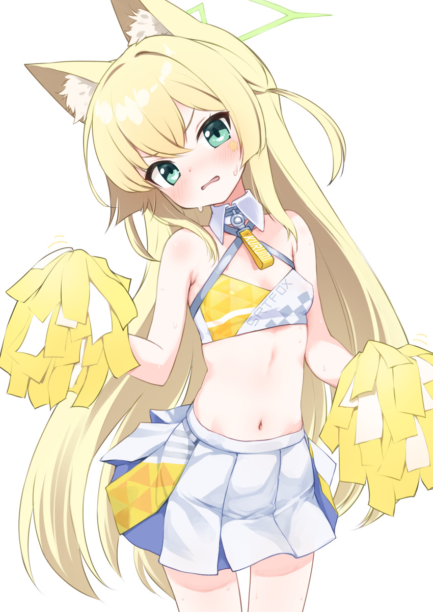 1girl absurdres alternate_costume animal_ear_fluff animal_ears blonde_hair blue_archive blush breasts cheerleader commentary_request cowboy_shot criss-cross_halter detached_collar fox_ears fox_girl green_eyes green_halo hair_between_eyes halo halterneck hands_up head_tilt highres holding holding_pom_poms kurumi_(blue_archive) long_hair looking_at_viewer midriff millennium_cheerleader_outfit_(blue_archive) miniskirt navel parted_lips partial_commentary pleated_skirt pom_pom_(cheerleading) simple_background skirt small_breasts solo sota sports_bra sweat two_side_up very_long_hair white_background