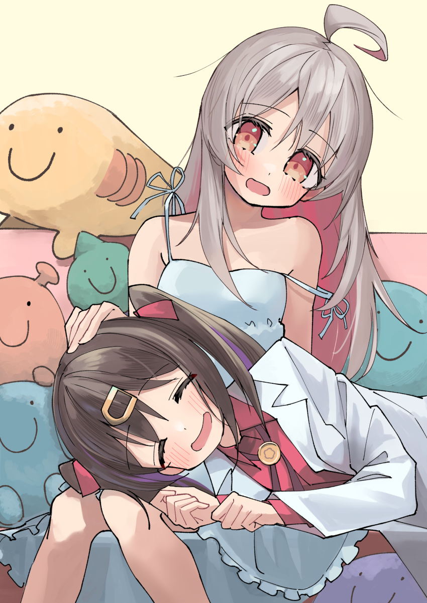 2girls :d ^_^ ahoge bare_legs black_hair blush bolo_tie brown_eyes c: closed_eyes colored_inner_hair commentary dot_nose dress grey_hair hair_between_eyes hair_ornament hairclip hand_on_another's_head happy highres lab_coat lap_pillow long_hair long_sleeves lying multicolored_hair multiple_girls nama_cream_croquette on_side onii-chan_wa_oshimai! open_mouth oyama_mahiro oyama_mihari pink_hair purple_hair red_shirt shirt siblings sisters sitting sleeveless sleeveless_dress smile strap_slip stuffed_toy twintails two-tone_hair white_dress
