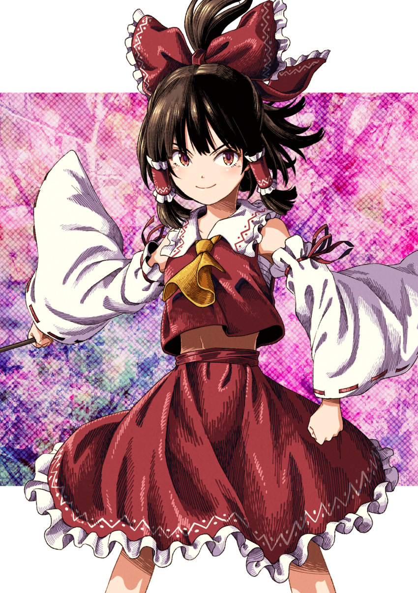 1girl bare_shoulders black_hair bow brown_eyes closed_mouth detached_wings feet_out_of_frame frilled_skirt frills hair_bow hair_tubes hakurei_reimu highres inuno_rakugaki japanese_clothes looking_at_viewer navel nontraditional_miko red_bow red_skirt ribbon-trimmed_sleeves ribbon_trim short_hair sidelocks skirt smile solo touhou wide_sleeves wings