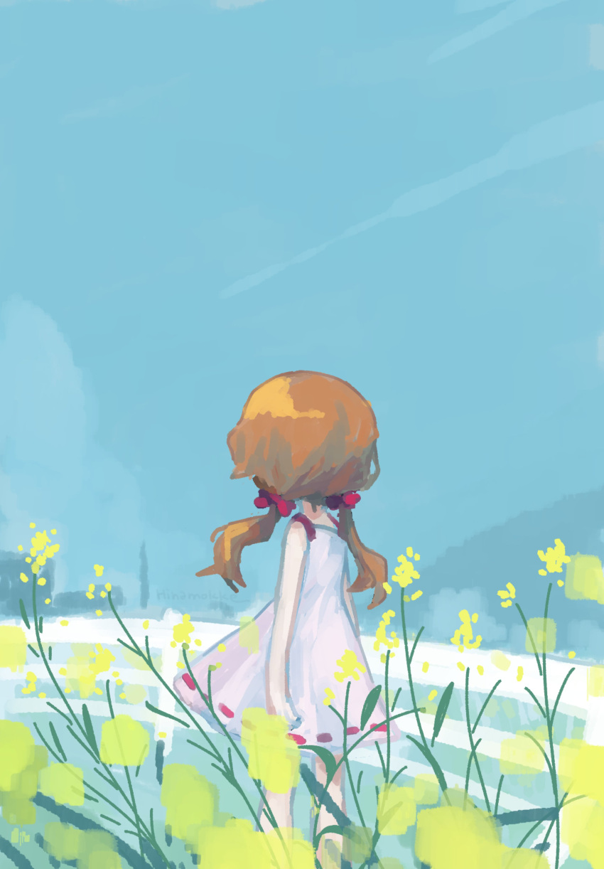 1girl absurdres arms_at_sides blue_sky bow brown_hair commentary day dress facing_away feet_out_of_frame fence floating_hair flower from_behind hair_bow highres kubimogehina long_hair looking_afar low_twintails makitsuki mountainous_horizon multiple_hair_bows outdoors red_bow short_dress sky sleeveless sleeveless_dress solo spaghetti_strap standing twintails white_dress yellow_flower yume_tagai