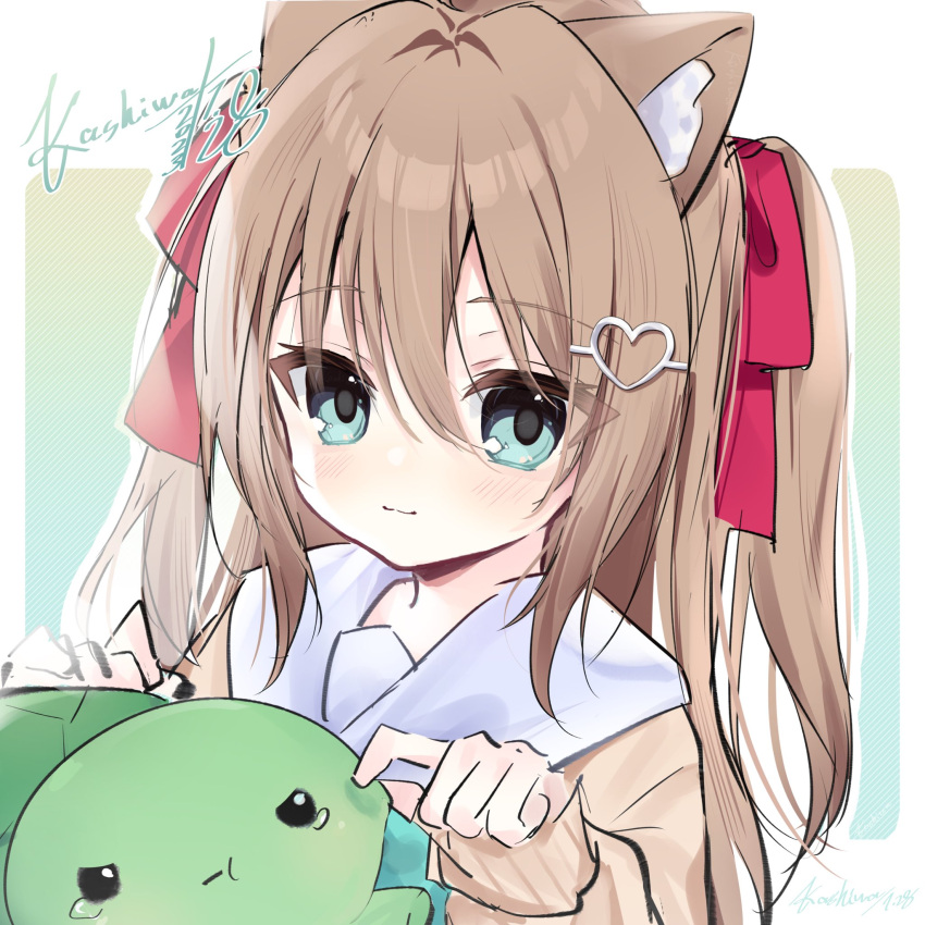 1girl :3 animal_ear_fluff animal_ears aqua_eyes artist_name blue_background blue_sailor_collar brown_cardigan cardigan cheek_pinching closed_mouth dated gradient_background green_background grey_sailor_collar hair_between_eyes hair_ornament hair_ribbon hairclip heart heart_hair_ornament highres indie_virtual_youtuber light_brown_hair long_hair long_sleeves looking_at_viewer neuro-sama ouohanakii outline paneled_background pinching portrait pout red_ribbon ribbon sailor_collar sidelocks signature sleeves_past_wrists tears turtle two_side_up vedal987 virtual_youtuber white_background white_outline