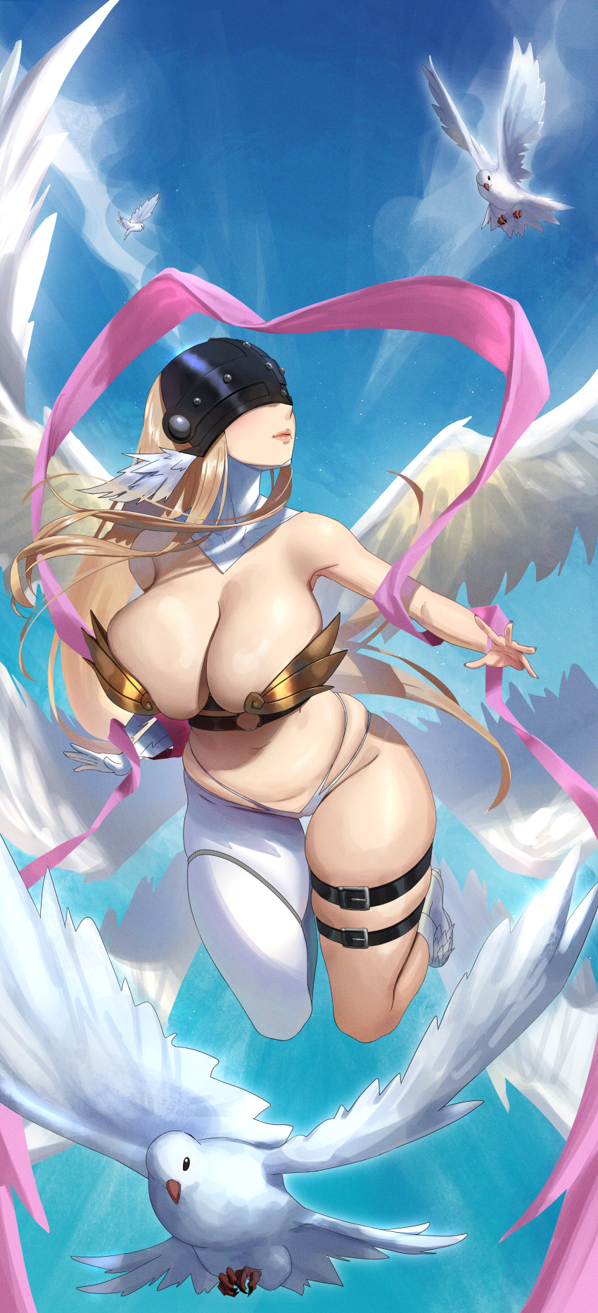 1girl absurdres angel angel_wings angewomon anima_(togashi) bare_arms bare_shoulders bird blonde_hair breasts cleavage closed_mouth commentary commission curvy digimon digimon_(creature) digimon_adventure dove flying full_body gloves highres huge_breasts legs_folded long_hair mask multiple_wings navel outdoors pink_sash plump pointy_nose revealing_clothes sash single_glove skeb_commission sky solo stomach thigh_gap thigh_strap thighs white_bird white_footwear white_gloves wide_hips wings