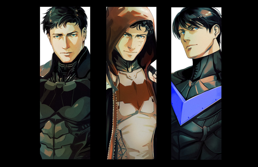 3boys batman batman_(series) black_bodysuit black_hair blue_bodysuit blue_eyes bodysuit bruce_wayne closed_mouth dc_comics dick_grayson grey_bodysuit grey_shirt highres hood hood_up jacket jason_todd male_focus multiple_boys nichasheng nightwing open_clothes open_jacket red_hood_(dc) red_jacket shirt short_hair smile upper_body