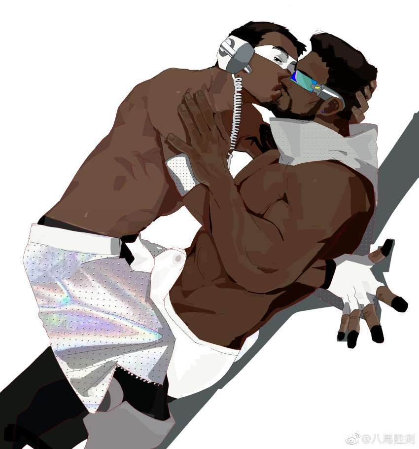 2boys abs absurdres bamashengze bara beard boxers bulge bulge_press bulges_touching character_request dark-skinned_male dark_skin erection erection_under_clothes facial_hair feet_out_of_frame from_side hand_on_another's_head hand_on_another's_shoulder headphones highres kiss large_pectorals looking_at_viewer male_focus male_underwear multiple_boys muscular muscular_male mustache open_fly pectorals see-through short_hair stomach sunglasses thick_eyebrows topless_male underwear yaoi