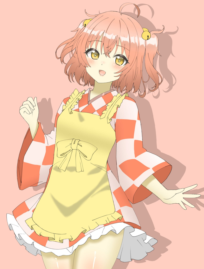 1girl apron bare_legs bell blonde_hair braid checkered_clothes checkered_dress dress frilled_skirt frills hair_bell hair_ornament highres long_sleeves looking_at_viewer medium_hair one-hour_drawing_challenge open_mouth orange_dress red_hair shirokumall skirt smile solo touhou twin_braids white_dress wide_sleeves yellow_apron yellow_eyes