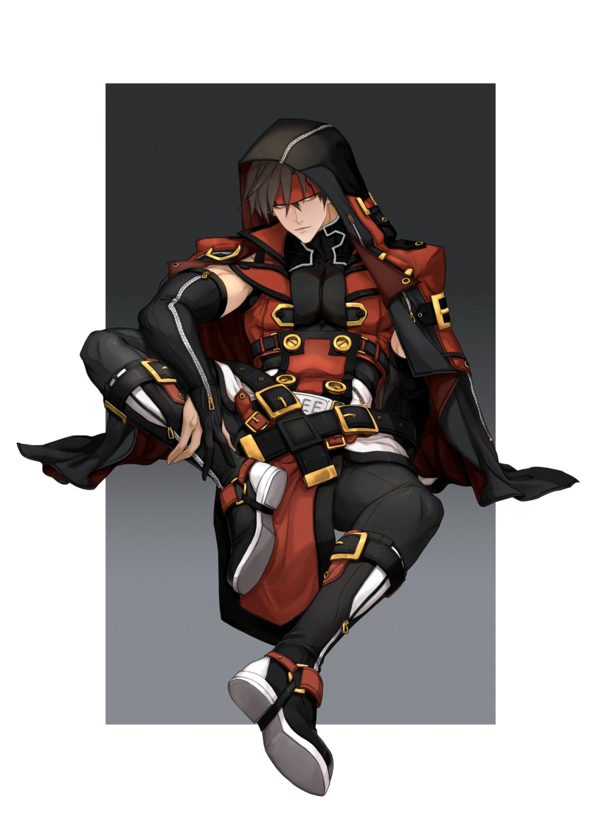 1boy alternate_costume black_gloves brown_hair ebi_pri_shrimp elbow_gloves forehead_protector gloves guilty_gear guilty_gear_strive headband highres hood hood_up long_hair looking_at_viewer male_focus muscular muscular_male partially_fingerless_gloves red_eyes simple_background sol_badguy spiked_hair