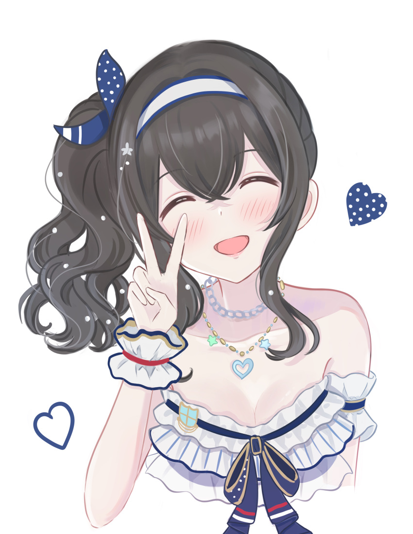 1girl absurdres bare_shoulders black_hair blush breasts cleavage closed_eyes commentary cropped_torso hairband hand_up hanilz heart highres idolmaster idolmaster_cinderella_girls medium_breasts open_mouth sagisawa_fumika side_ponytail simple_background smile solo symbol-only_commentary v white_background white_hairband