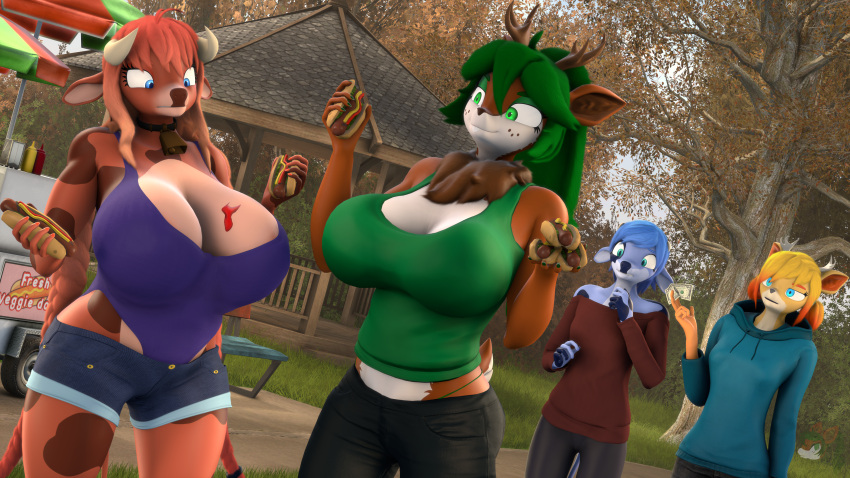 3d_(artwork) 4k absurd_res anthro antlers big_breasts blue_body blue_hair bottomwear bovid bovine braided_hair braided_ponytail breasts cattle chubby_female cleavage clothed clothing cowbell daughter_(lore) deer digital_media_(artwork) donglysfm female fireberry_(donglysfm) food freya_(donglysfm) green_hair group hair heidi_(donglysfm) hi_res hoodie horn hot_dog huge_breasts mammal mature_female mother_(lore) mother_and_child_(lore) mother_and_daughter_(lore) neck_tuft one-piece_swimsuit outside parent_(lore) parent_and_child_(lore) parent_and_daughter_(lore) park ponytail red_body red_hair revamped_anthros shorts slightly_chubby source_filmmaker sweater swimwear tea_tree_(donglysfm) topwear tuft veggie_dog