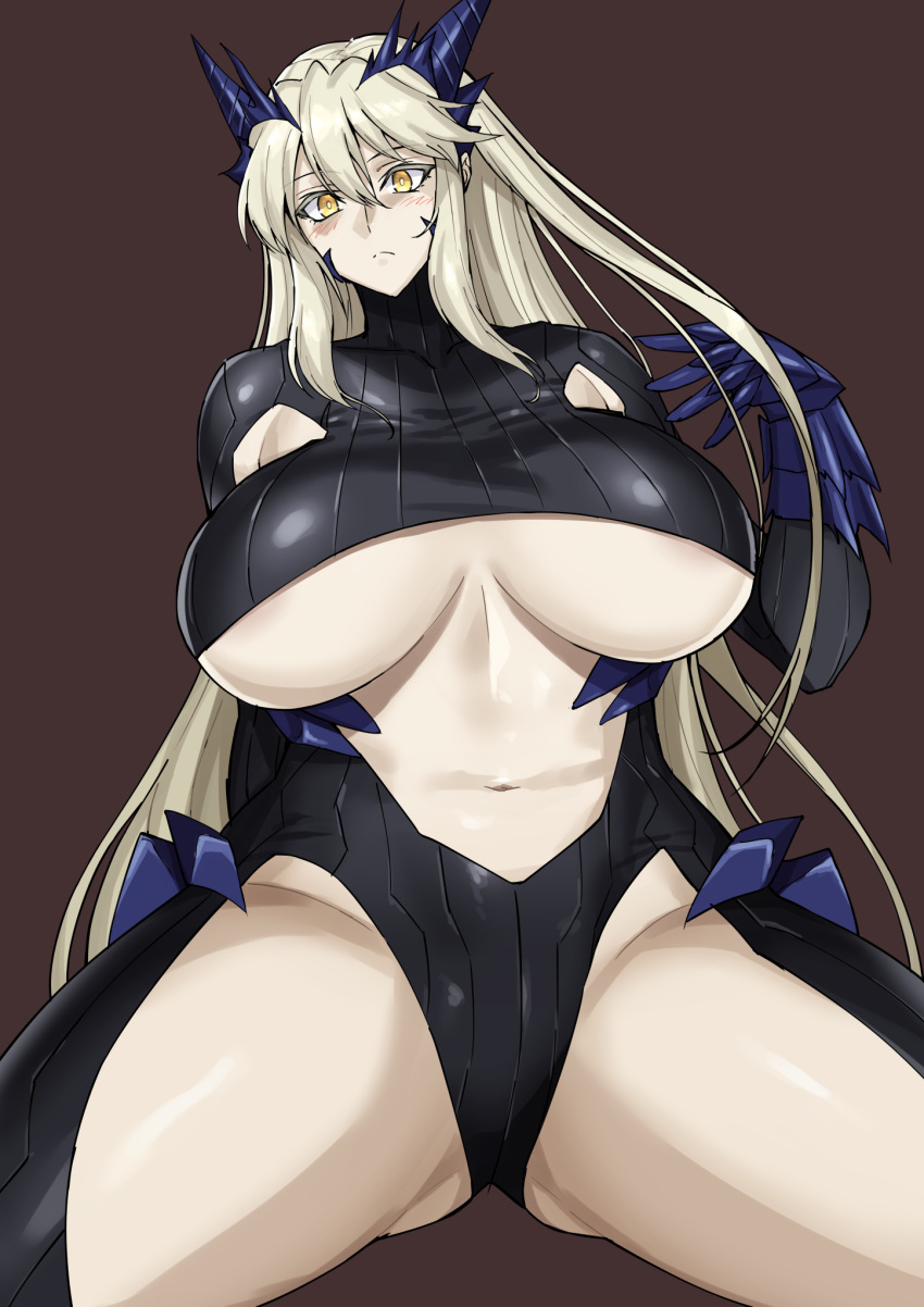 1girl artoria_pendragon_(fate) artoria_pendragon_(lancer_alter)_(fate) black_bodysuit blonde_hair blush bnc_(bunshi) bodysuit braid breasts center_opening fate/grand_order fate_(series) french_braid hair_between_eyes highres horns huge_breasts long_hair looking_at_viewer navel revealing_clothes ribbed_bodysuit sidelocks solo thighs underboob yellow_eyes