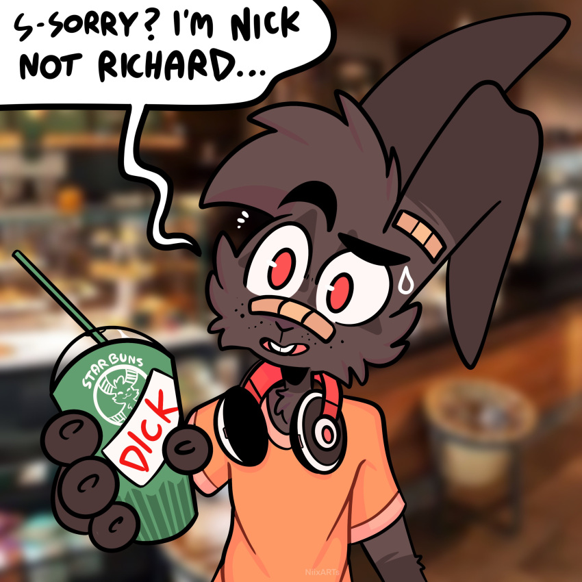 absurd_res anthro band-aid band-aid_on_face band-aid_on_nose bandage black_body black_fur bodily_fluids cheek_tuft clothing container cup dialogue english_text facial_tuft fur grey_body grey_fur headphones headphones_around_neck hi_res humor lagomorph leporid mammal nick_(the_xing1) open_mouth open_smile rabbit shirt smile solo speech_bubble sweat sweatdrop t-shirt text the_xing1 topwear tuft