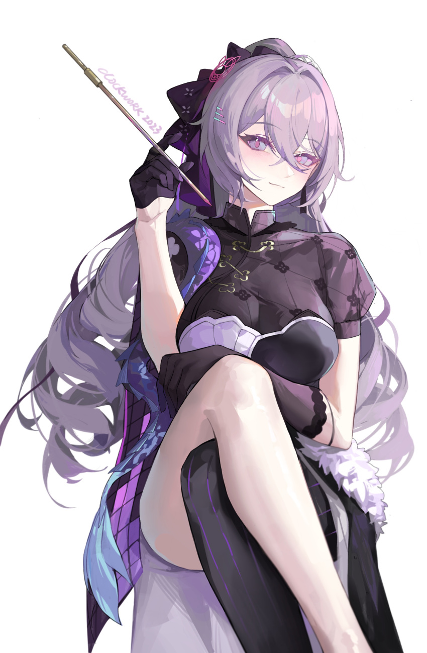 1girl absurdres blush breasts bronya_zaychik bronya_zaychik_(silverwing:_n-ex) chinese_clothes crossed_legs drill_hair grey_eyes grey_hair hair_between_eyes highres honkai_(series) honkai_impact_3rd large_breasts light_smile long_hair looking_at_viewer official_alternate_costume pink_pupils smoking_pipe solo thighs tutou_jiang twin_drills white_background