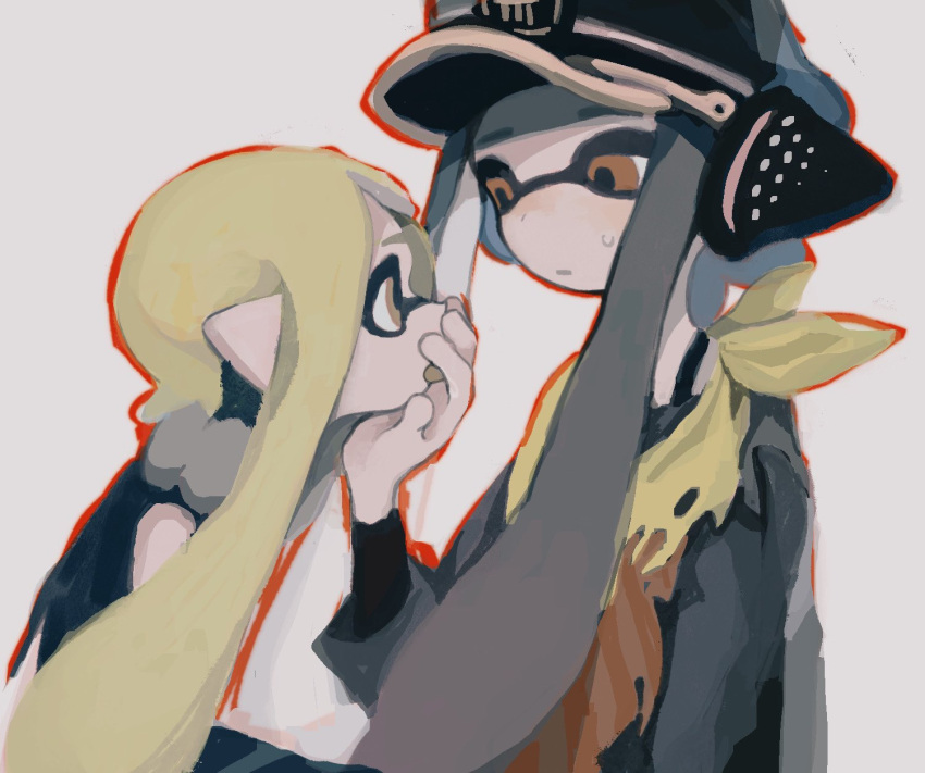 2girls agent_3_(splatoon) agent_3_(splatoon_3) black_hair blonde_hair closed_mouth dr_mice grey_background hat headphones highres inkling inkling_girl licking licking_hand long_hair long_sleeves multiple_girls peaked_cap pointy_ears red_eyes scarf simple_background sleeveless splatoon_(series) sweat tentacle_hair tongue torn_scarf upper_body yuri