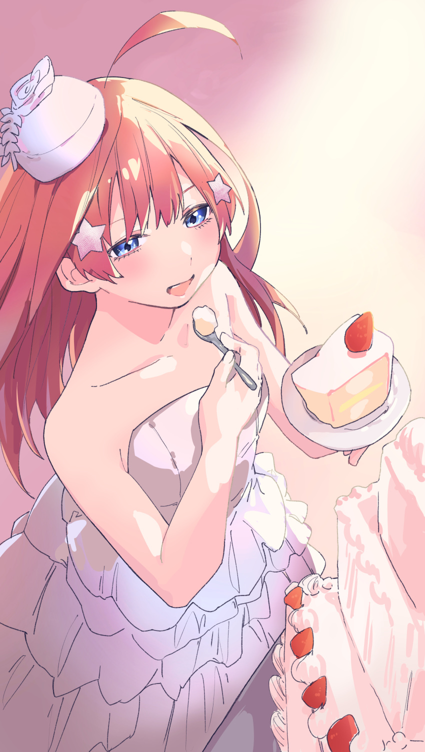 1girl absurdres ahoge bare_arms bare_shoulders blue_eyes cake cake_slice collarbone dress eating food from_above fruit go-toubun_no_hanayome hair_ornament highres nakano_itsuki open_mouth red_hair solo standing star_(symbol) star_hair_ornament strapless strapless_dress strawberry strawberry_cake valentine_(02140314c) wedding_dress white_headwear