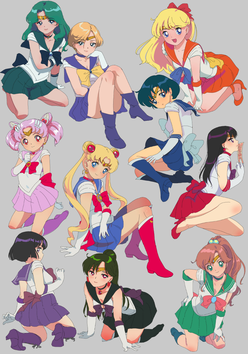 6+girls absurdres aino_minako bishoujo_senshi_sailor_moon blonde_hair blue_footwear blue_hair blush brown_hair chibi_usa green_skirt grey_background happy highres hino_rei kaiou_michiru kino_makoto magical_girl meiou_setsuna mizuno_ami multiple_girls pink_hair purple_hair sailor_jupiter sailor_mars sailor_mercury sailor_moon sailor_saturn short_hair simple_background skirt smile ten'ou_haruka tomoe_hotaru tsukino_usagi yamamori_kuukai