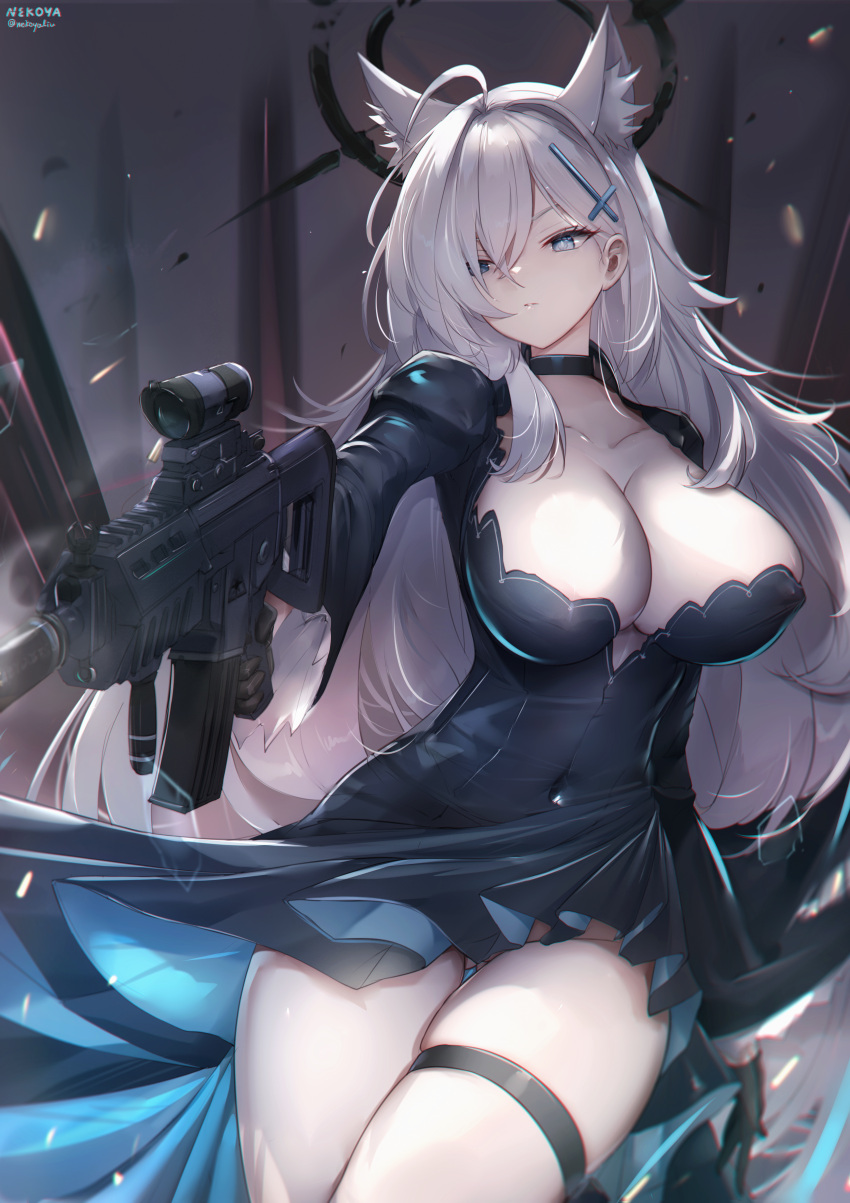 1girl absurdres ahoge animal_ear_fluff animal_ears ass_visible_through_thighs assault_rifle black_dress blue_archive blue_eyes breasts cleavage closed_mouth covered_navel dress extra_ears grey_hair gun hair_ornament hair_over_one_eye halo highres holding holding_gun holding_weapon juliet_sleeves large_breasts long_sleeves nekoya_(liu) puffy_sleeves rifle shiroko_(blue_archive) shiroko_(terror)_(blue_archive) sig_sauer sig_sauer_556 signature skindentation solo thigh_gap thigh_strap twitter_username weapon wolf_ears