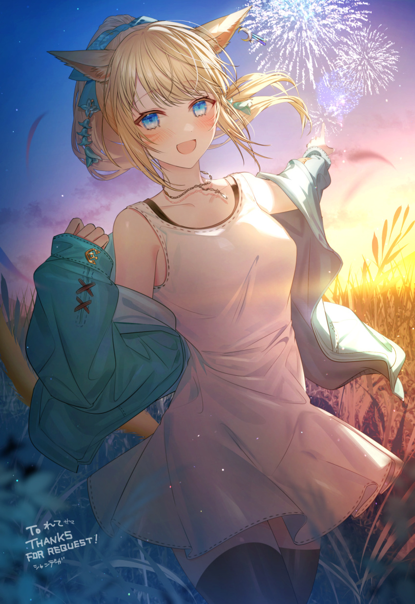 1girl animal_ears artist_name black_thighhighs blonde_hair blue_eyes cat_ears collarbone commentary_request commission cowboy_shot dress english_text final_fantasy final_fantasy_xiv fireworks green_jacket hair_ribbon highres jacket jewelry long_sleeves looking_at_viewer miqo'te necklace off_shoulder open_mouth outdoors pointing ponytail ribbon skeb_commission sleeveless sleeveless_dress sleeves_past_wrists solo standing sundress sunset syandega thighhighs warrior_of_light_(ff14) wheat wheat_field white_dress