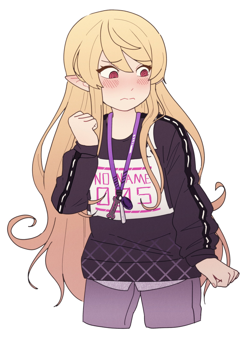 1girl @_@ absurdres blonde_hair blush clenched_hand cosplay cropped_legs elf embarrassed highres lanyard long_hair long_sleeves nijisanji nijisanji_en pants pointy_ears pomu_rainpuff red_eyes samsyrup selen_tatsuki selen_tatsuki_(1st_costume) selen_tatsuki_(cosplay) shirt simple_background solo virtual_youtuber white_background