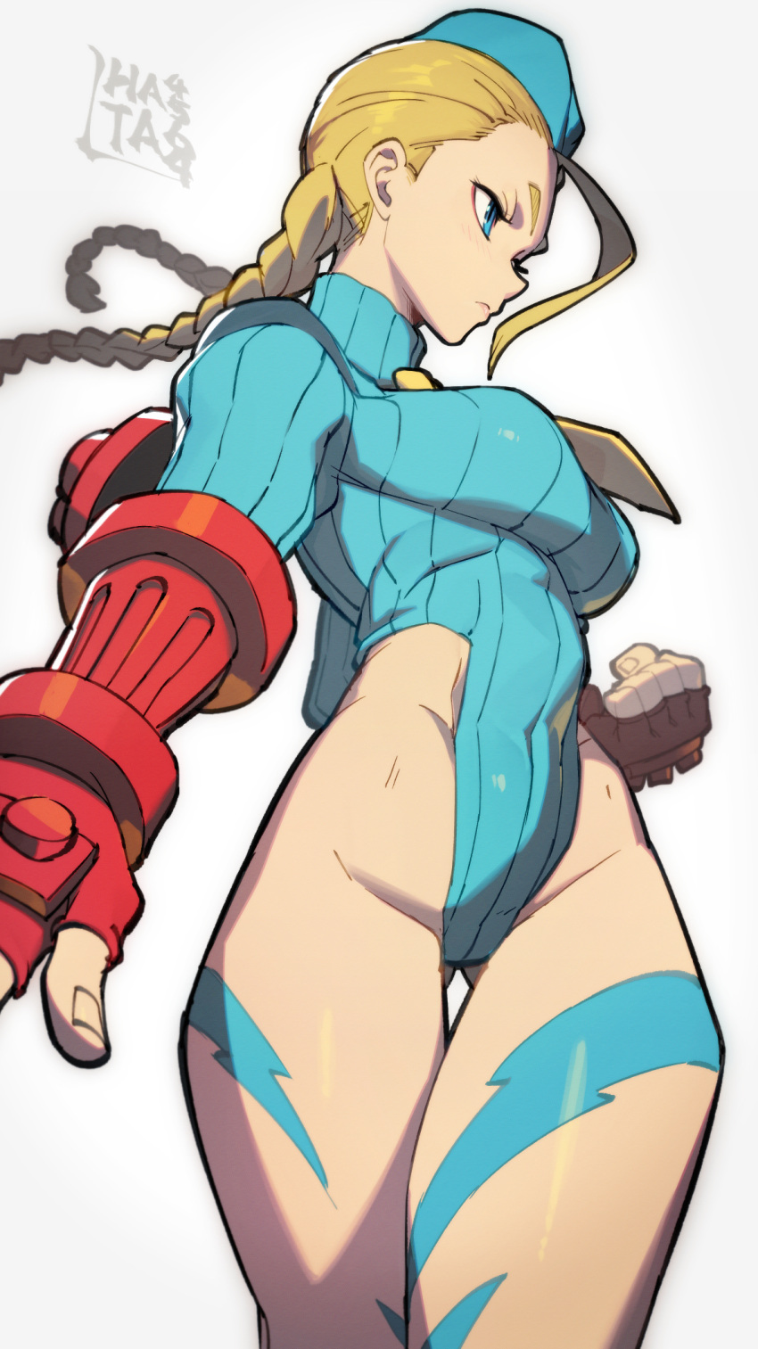 1girl ahoge aqua_headwear aqua_leotard ass_visible_through_thighs blonde_hair blue_eyes bodypaint braid breasts cammy_white clenched_hand cowboy_shot gauntlets hat hata4564 highleg highleg_leotard highres huge_ahoge leotard long_sleeves medium_breasts necktie signature solo street_fighter street_fighter_zero_(series) thighs thong_leotard turtleneck_leotard twin_braids twintails white_background yellow_necktie