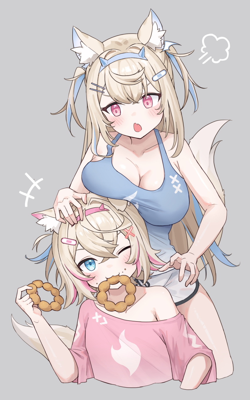 2girls absurdres animal_ears bandaid_hair_ornament blue_eyes blue_hair blue_shirt blush breasts cross_hair_ornament crumbs dog_ears dog_girl dog_tail eating food food_in_mouth fuwawa_abyssgard grey_background hair_ornament hairclip highres holding holding_food hololive hololive_english large_breasts mococo_abyssgard multicolored_hair multiple_girls one_eye_closed open_mouth orenji_(user_fknw7775) pink_eyes pink_hair pink_skirt shirt simple_background skirt streaked_hair tail two_side_up virtual_youtuber