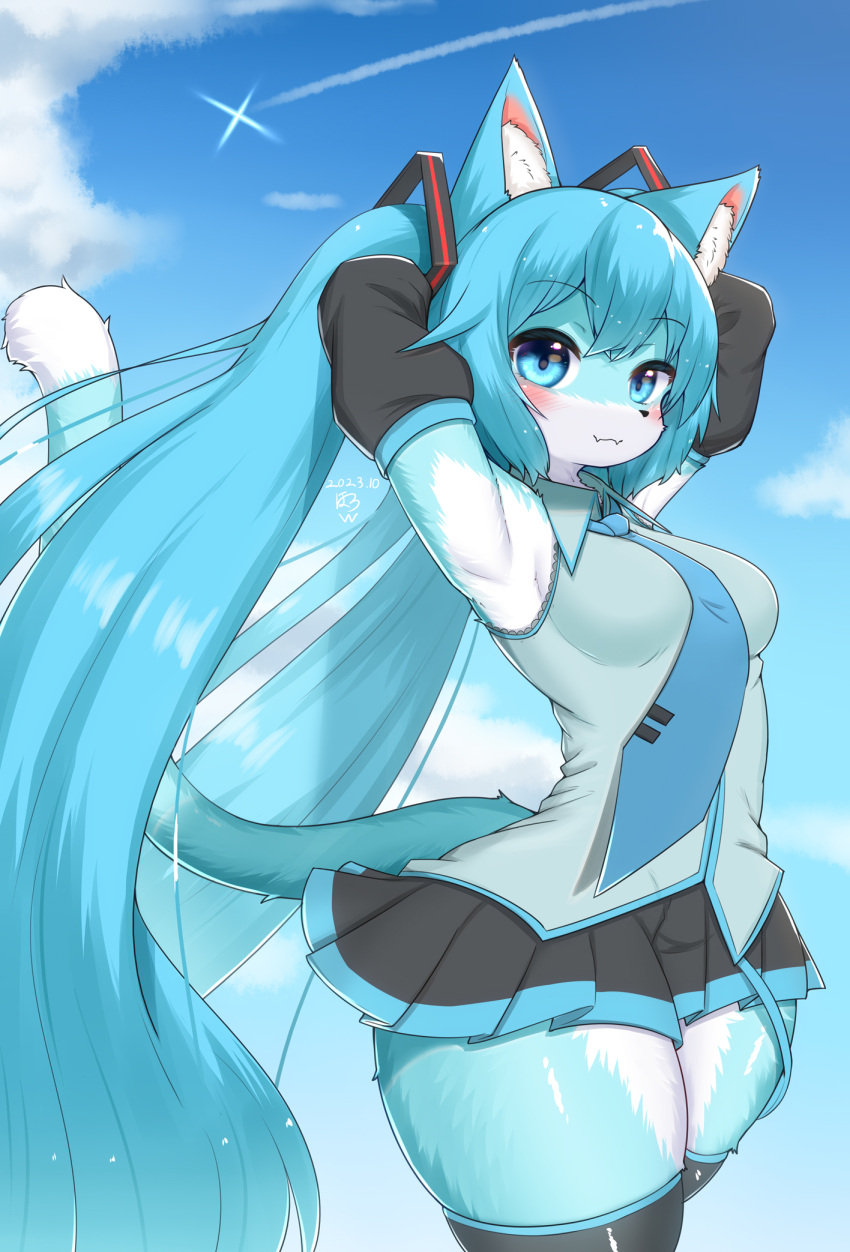 2023 alternate_species anthro blush bottomwear breasts clothed clothing digital_media_(artwork) domestic_cat felid feline felis female female_anthro fur furrification hair hatsune_miku hi_res horokusa0519 kemono legwear looking_at_viewer mammal skirt solo tail thick_thighs thigh_highs twintails_(hairstyle) vocaloid