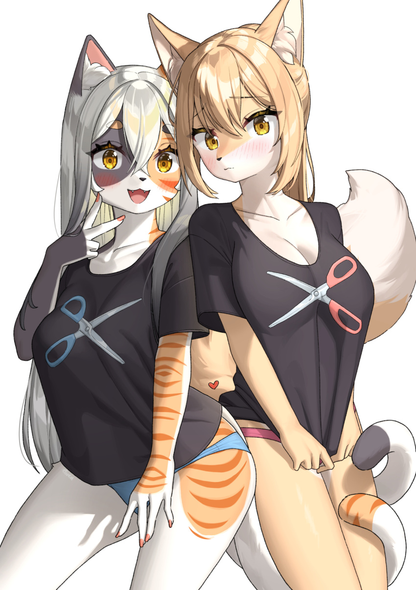 2023 anthro blush breasts calico_cat canid canine cleavage clothed clothing cute_fangs digital_media_(artwork) domestic_cat duo embarrassed etivka felid feline felis female female/female female_anthro fox fur hair hi_res kemono long_hair looking_at_viewer mammal multicolored_body multicolored_fur open_mouth panties pantsless shirt t-shirt tail tongue topwear underwear