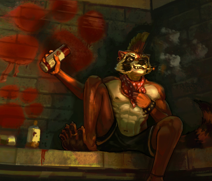 abs anthro clothed clothing ear_piercing hi_res male mammal muscular muscular_male piercing procyonid raccoon redsummer smoking solo topless