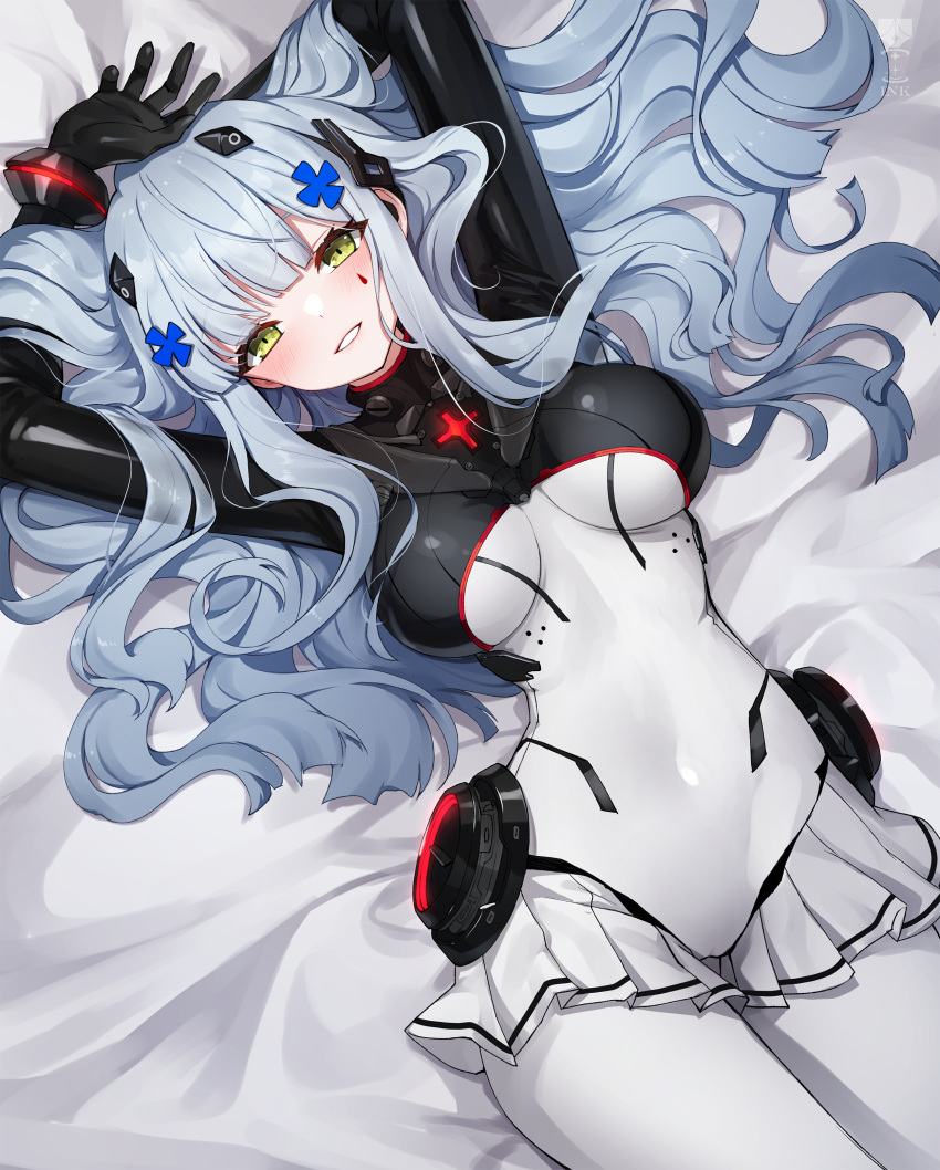 1girl absurdres ankkoyom black_bodysuit blue_hair blush bodysuit cowboy_shot cross_hair_ornament girls'_frontline green_eyes hair_ornament hairclip highres hk416_(girls'_frontline) hk416_(midnight_evangelion)_(girls'_frontline) light_blue_hair looking_at_viewer lying multicolored_bodysuit multicolored_clothes official_alternate_costume parted_lips solo tattoo teardrop_facial_mark teardrop_tattoo white_bodysuit