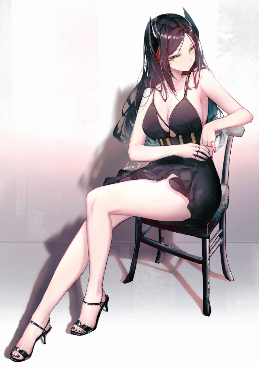 1girl absurdres arknights armpits bare_arms bare_legs bare_shoulders black_hair black_skirt chair chibi chibi_on_head demon_horns dress evening_gown feet high_heels highres horns ines_(arknights) jewelry leria_v long_hair looking_at_viewer no_bra on_head parted_bangs ring sitting skirt thighs toenails toes yellow_eyes