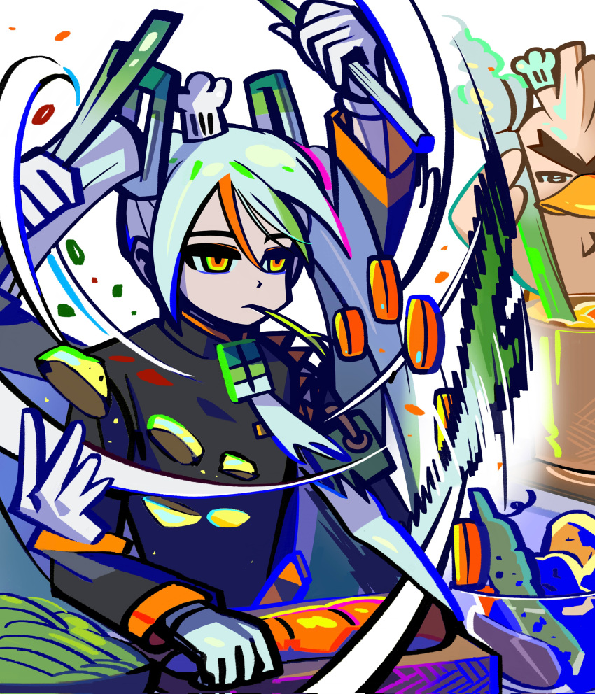 1girl absurdres afterimage armband arms_up bird carrot chef_hat closed_mouth commentary_request cooking cooking_pot cutting cutting_board fighting_miku_(project_voltage) food gloves green_armband green_hair hair_between_eyes half-closed_eyes hat hatsune_miku highres holding holding_food holding_spring_onion holding_vegetable korean_commentary long_hair long_sleeves motion_blur mouth_hold multicolored_hair necktie orange_hair pokemon pokemon_(creature) potato project_voltage sirfetch'd spring_onion stalk_in_mouth streaked_hair torn_clothes torn_necktie twintails ufxy894g upper_body vegetable vocaloid white_gloves white_hair white_necktie yellow_eyes