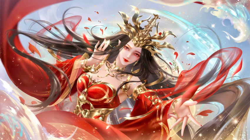 1girl absurdres blue_sky bracelet brown_hair cai_lin_(doupo_cangqiong) closed_mouth detached_sleeves doupo_cangqiong dress earrings hair_ornament head_tilt highres jewelry looking_at_viewer off-shoulder_dress off_shoulder pointy_ears red_eyes red_nails second-party_source sha_shan sky smile solo sparkle upper_body