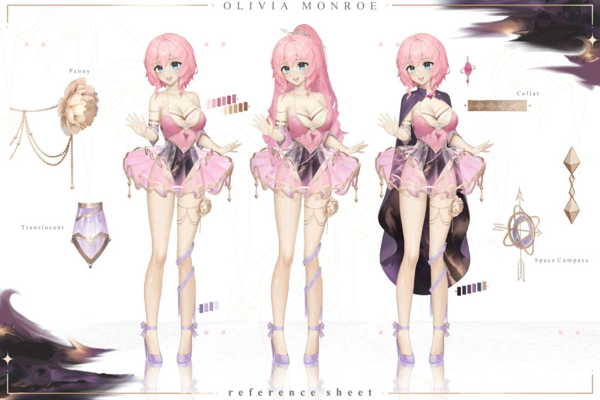 1girl armlet ballerina black_cape black_leotard blue_eyes breasts cape character_name collarbone color_guide dayshiart dress flower high_heels highres indie_virtual_youtuber leg_ribbon leotard long_hair olivia_monroe open_mouth peony_(flower) pink_dress pink_hair ponytail purple_footwear purple_ribbon reference_sheet reflective_floor ribbon second-party_source see-through see-through_skirt skirt