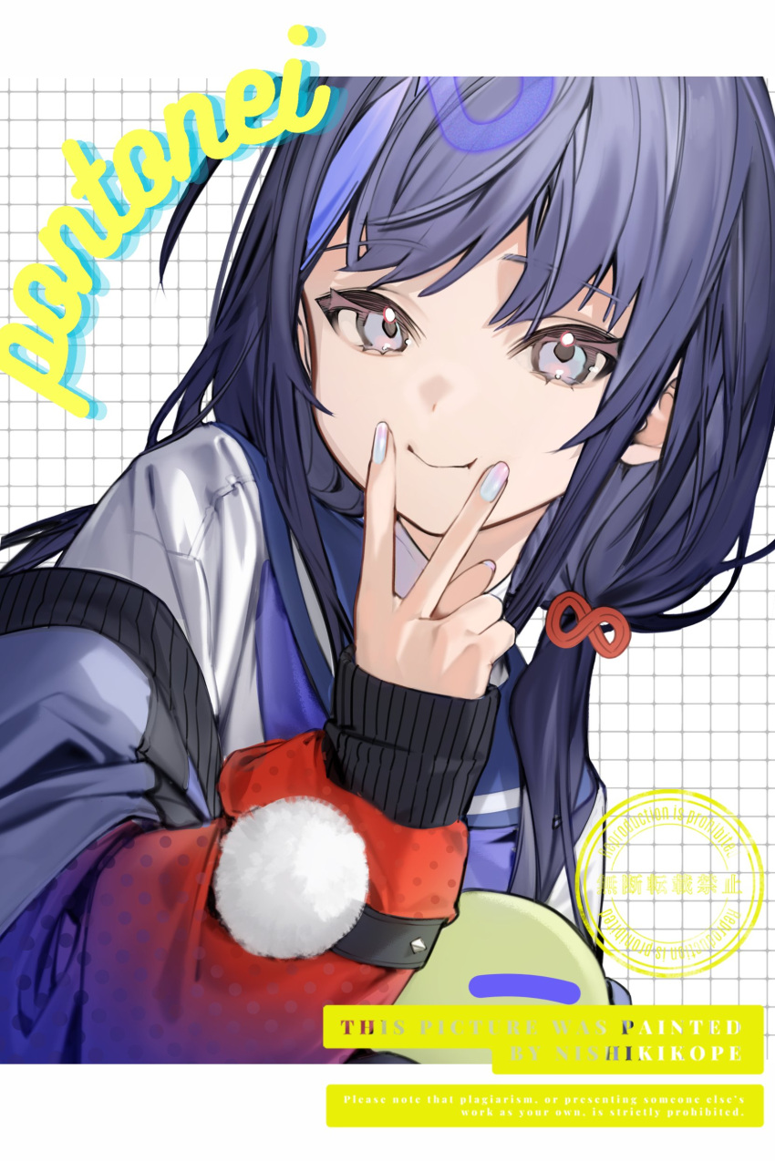 1girl absurdres artist_name black_hair blue_hair blue_neckerchief blue_sailor_collar character_name closed_mouth commentary_request gradient_nails grey_eyes hair_ornament hair_tie head_tilt highres infinity_symbol jacket long_hair looking_at_viewer multicolored_hair neckerchief nijisanji nishikikope open_clothes open_jacket pom_pom_(clothes) ponto_nei ponto_nei_(1st_costume) sailor_collar shirt simple_background solo streaked_hair tile_background v_over_mouth white_background white_shirt