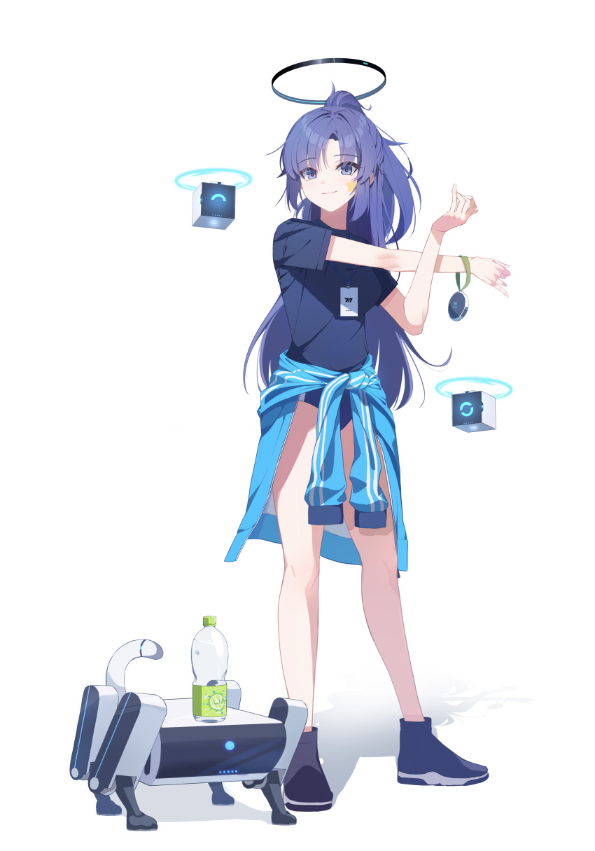 1girl absurdres arm_across_chest blue_archive blue_buruma blue_jacket bottle breasts buruma cross-body_stretch drone full_body gym_shirt gym_uniform halo highres id_card jacket lanyard long_hair looking_at_viewer non-humanoid_robot official_alternate_costume ponytail purple_eyes purple_hair robot robot_animal shirt short_sleeves simple_background smile solo sportswear standing star_sticker sticker_on_face stretching sumutemu tied_jacket track_jacket track_uniform water_bottle white_background yuuka_(blue_archive) yuuka_(track)_(blue_archive)
