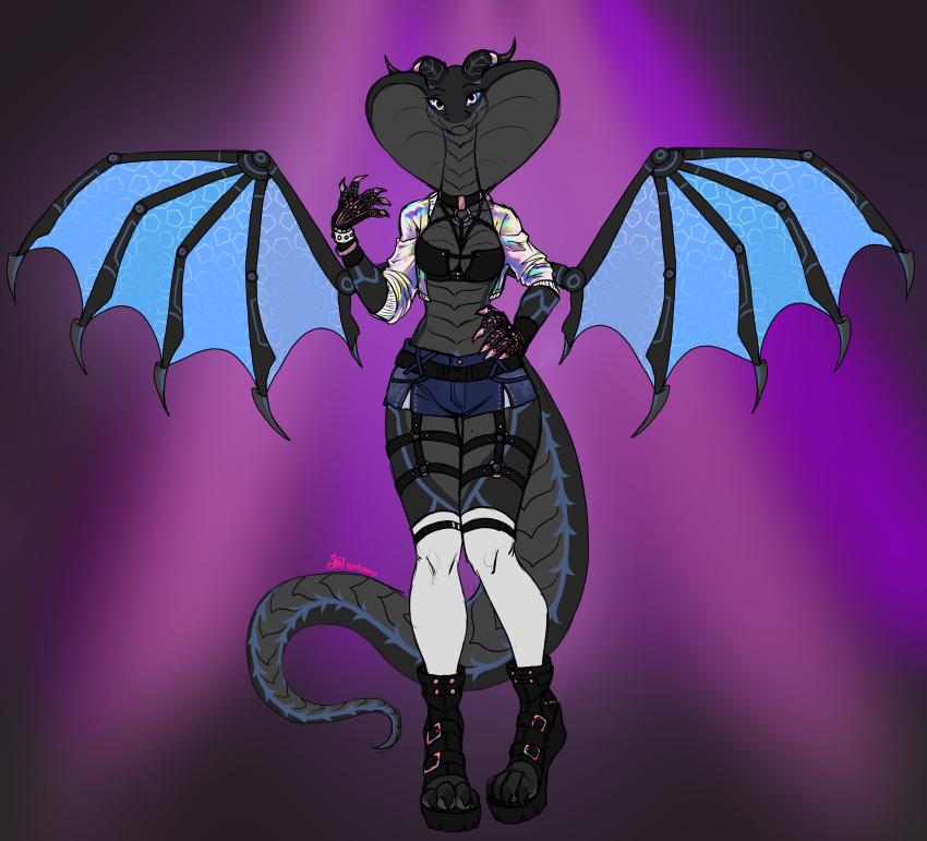 absurd_res anthro breasts claws clothed clothing cobra digital_media_(artwork) female footwear garter_belt garter_straps grey_body hi_res horn looking_at_viewer membrane_(anatomy) membranous_wings non-mammal_breasts reptile rinkamo scalie simple_background smile snake snake_hood solo tail wings