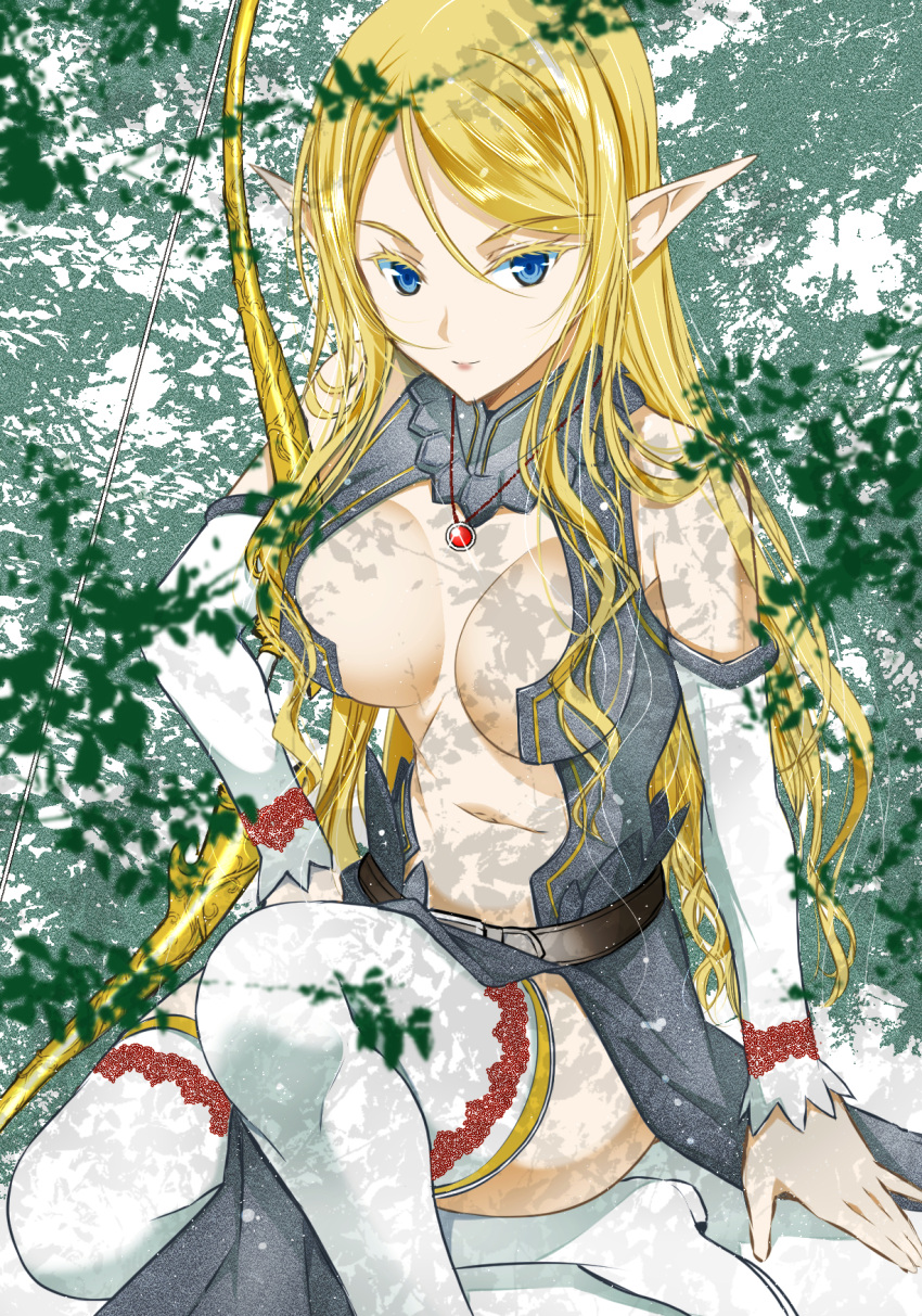 1girl bare_shoulders blonde_hair blue_eyes breasts detached_sleeves elf highres jewelry long_hair maou_no_hajimekata_(dmm) moonsorrow navel necklace pointy_ears sitting smile solo thighhighs white_thighhighs