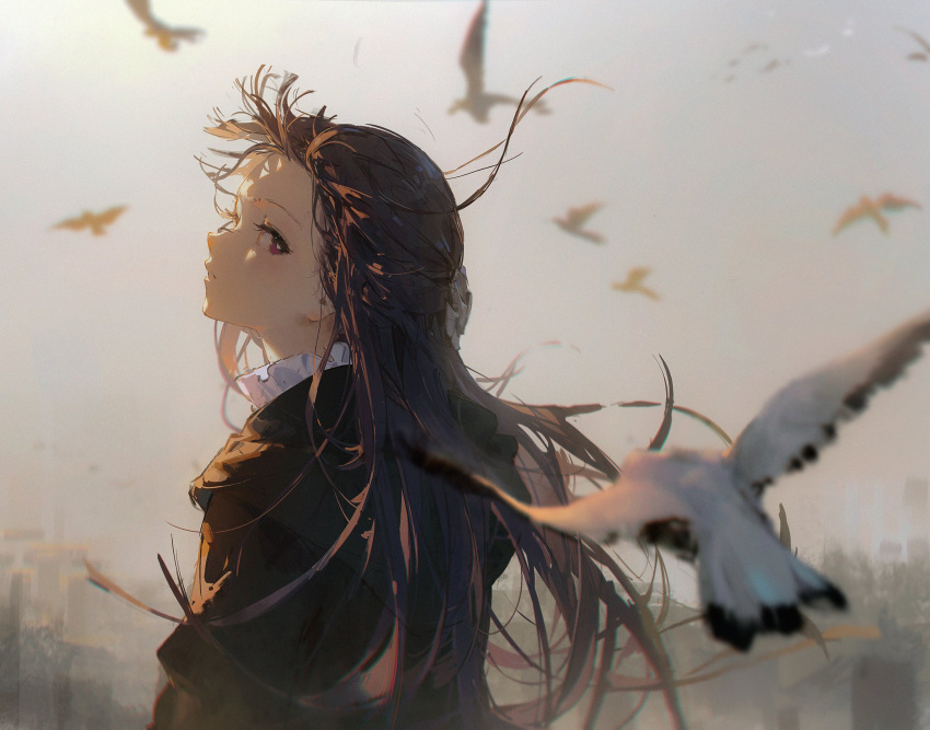 1girl bird black_hood blush commentary dino_(dinoartforame) expressionless fern_(sousou_no_frieren) floating_hair fog from_behind highres long_hair looking_at_viewer looking_back outdoors parted_lips purple_eyes purple_hair sidelocks sky solo sousou_no_frieren upper_body white_bird